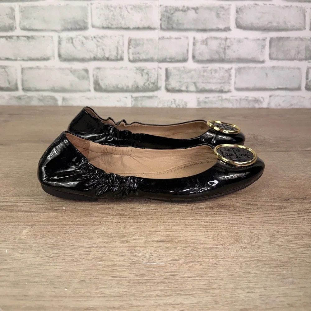 Tory Burch Twiggie Ballet Flats Gold Medallion Black Womens 8